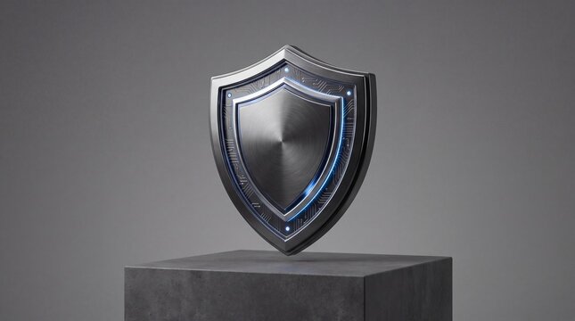 Digital cybersecurity shield icon. Protective metal emblem for internet data security.