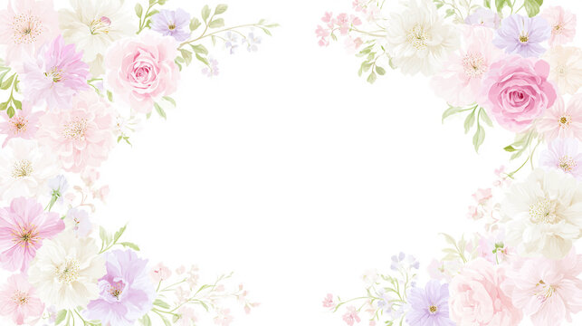 パステルカラーの薔薇と春の花々のウェディングフレーム背景
