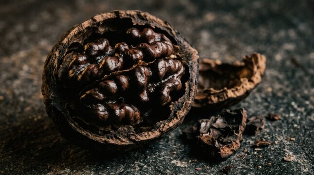 Close-up of a cracked walnut with rich brown kernels on a dark textured surface