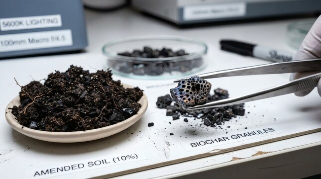 Scientist examines biochar granules with tweezers in laboratory setting