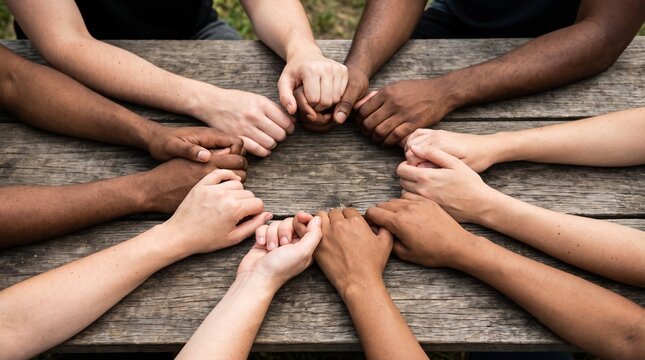 A circle of diverse hands holding each other firmly around a wooden table, symbolizing unity and connection