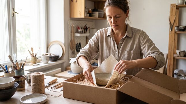 A woman carefully packing a handmade ceramic bowl into a cardboard box, surrounded by her studio supplies and finished pieces. Her focused expression conveys dedication to her craft