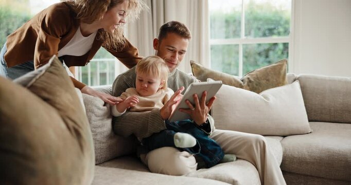 Online, child and parents with tablet in lounge, entertainment or watching videos with subscription. Streaming, movie and people with toddler in house, happy and family with technology in living room