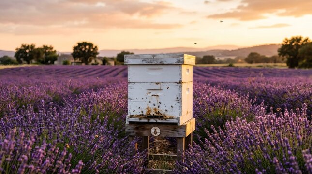 Beehive in a lavender field at sunset with bees flying around