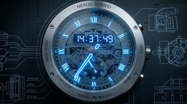 Futuristic hybrid watch with glowing blue clock face