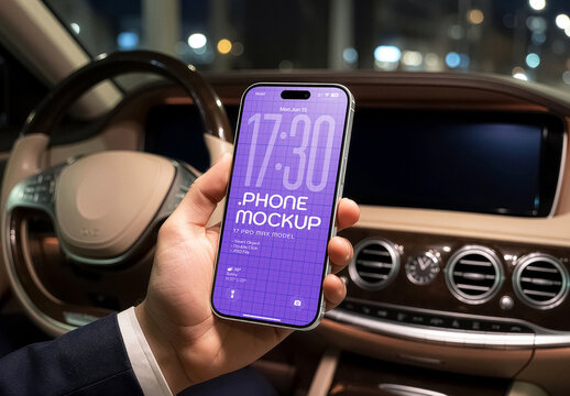 Smartphone Mockup In Car Cabin, Night Street Mobile Phone Presentation PSD