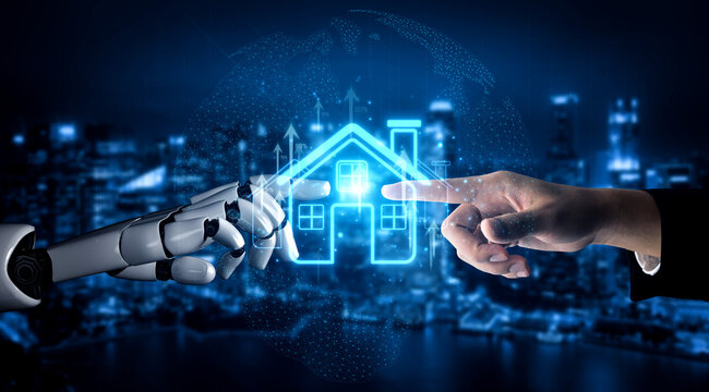 Futuristic Concept of Human and Robot Interaction in Real Estate, Showcasing AI Technology and Digital Home Visualization Against Urban Background Sigmoid