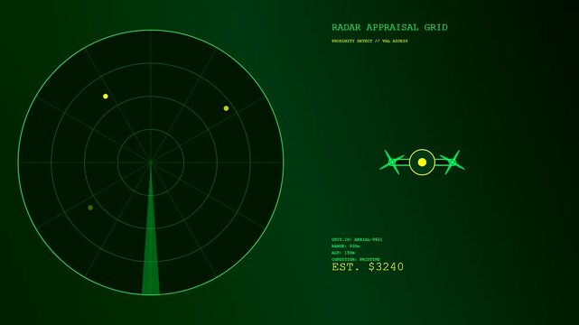 A digital drone appraisal interface monitors moving flight patterns on green circular grids while automated financial values fluctuate across the flickering screen during a scanning operation