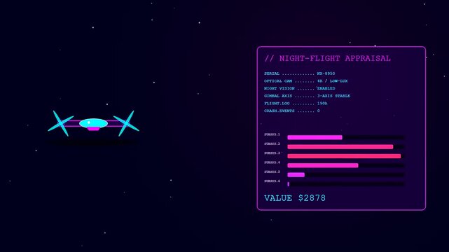 A drone appraisal interface displays technical flight statistics for three robotic aerial vehicles hovering against a dark void filled with tiny glowing stars and nebula