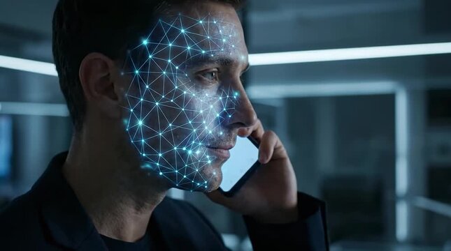 Man undergoing facial recognition scan while using smartphone