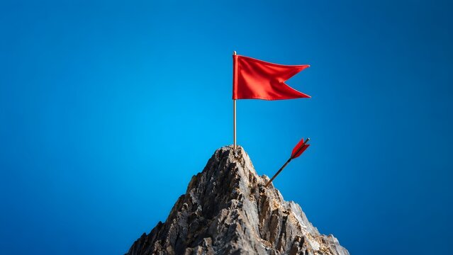 Red flag planted on rocky mountain peak with arrow hit below symbolizing business goal achievement leadership and overcoming challenges