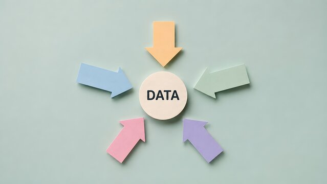 Pastel paper arrows pointing towards central data text circle representing information collection data centralization and network management