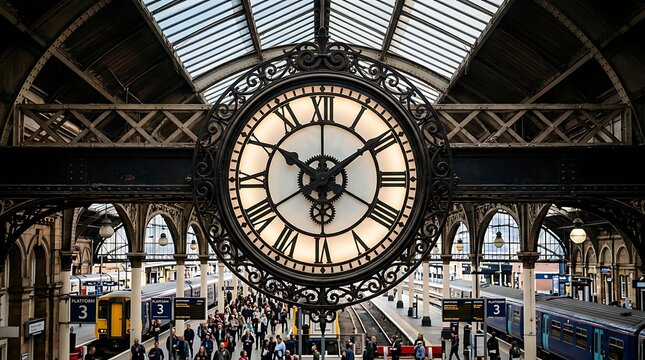 Ornamental station clock face overlooking railway platforms
