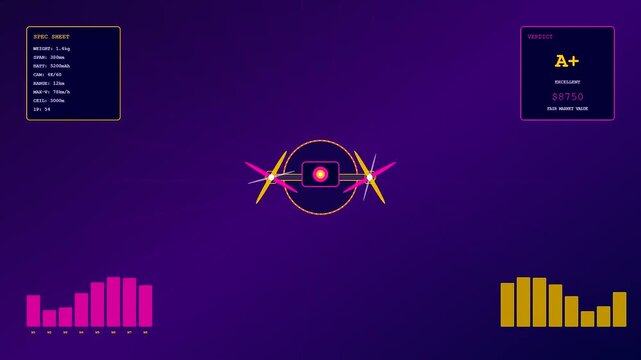 Professional drone appraisal interface showing aerial telemetry data with vibrant pink and gold graphical elements displayed on a dark purple background for advanced flight analysis