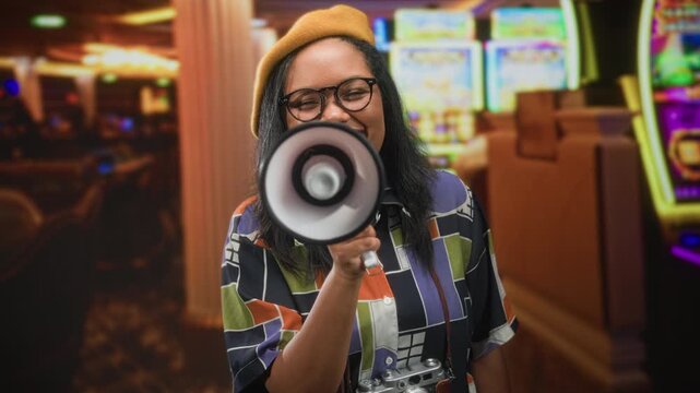 Young woman wearing beret and glasses holds megaphone to mouth and points it at camera in casino; joyful announcement.