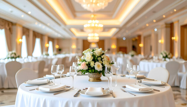 Elegant round dining table set for a wedding reception in a luxurious ballroom with warm lighting and floral centerpieces