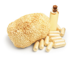 Functional mushroom, oil and pills isolated on white © New Africa