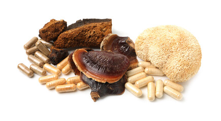 Different functional mushrooms and pills isolated on white © New Africa