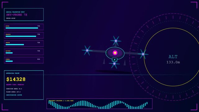 Aerial drone appraisal dashboard displaying flight telemetry metrics and automated digital valuation readings on a dark purple screen interface while the vehicle performs flight path monitoring