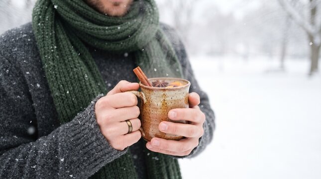 A person holding a warm mug of spiced beverage, wearing a cozy scarf and sweater amidst a gentle snowfall. The steam rises from the mug, suggesting a comforting winter drink