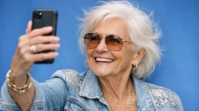 A happy older lady holding a smartphone and smiling while capturing a of herself. She wears glasses and has grey hair styled in layers. The phone case is covered in sparkles.