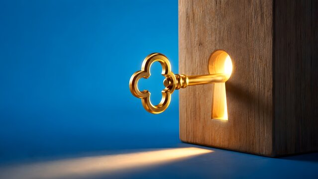 Unlocking potential and discovering opportunity concept featuring golden key in glowing wooden keyhole against blue background