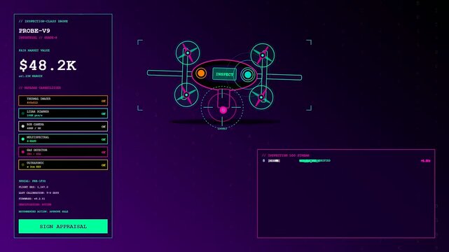 A drone appraisal interface displays technical data and sensor readouts on a purple digital dashboard monitor screen during a routine system check of equipment components