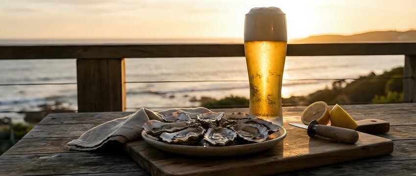 Fresh oysters on wooden board with beer glass at sunset by the sea, perfect for seafood restaurant menus and coastal dining concepts.