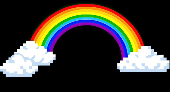 Pixel art rainbow with white clouds on black background