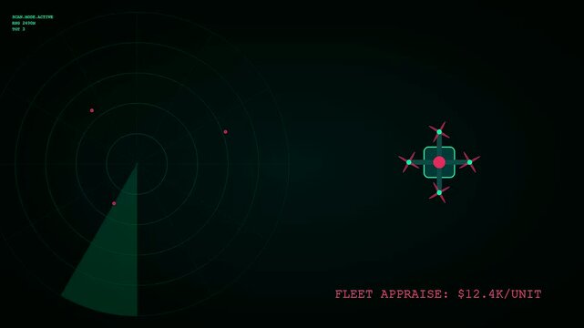 A drone appraisal animation showing circular radar grids with rotating green scanning beams and glowing interface icons against a dark uniform digital display monitor screen