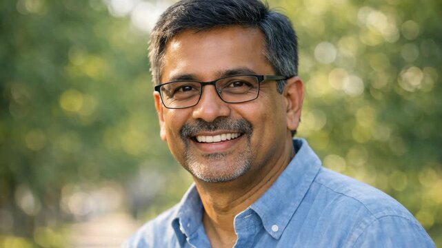 A young man smiling at the camera wearing a blue shirt. He has dark hair, glasses, and a slight mustache. The background is blurred but appears to be an outdoor setting.