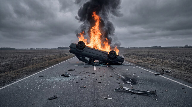A car lies overturned and engulfed in flames on a desolate rural road, with debris scattered around following a severe traffic accident.