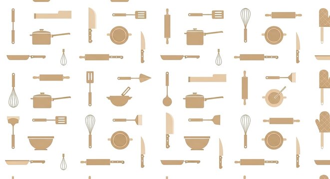 Seamless pattern of kitchen utensils in beige silhouettes on white background