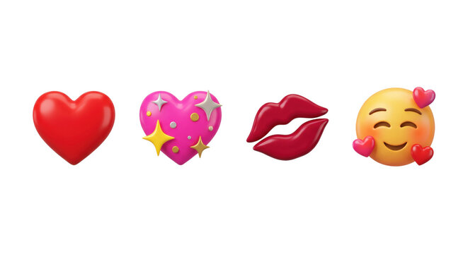 Set of 3D love emojis red heart kiss and smiling face