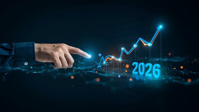 Businessman pointing at a growing financial business graph representing future market success and positive growth for 2026