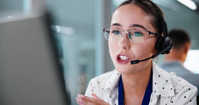 Headset, woman and call center agent in office with crm, help desk or voip system for advisory. Happy, glasses and technical support consultant with mic for customer service, contact us or talking.