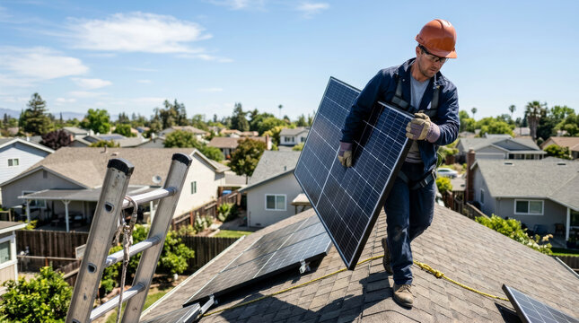 Worker installing solar panels on a residential rooftop under a clear blue sky