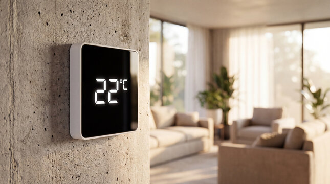 A digital smart home thermostat mounted on a textured concrete wall, displaying a temperature of 22 degrees in a bright, modern, and blurred luxury living room.