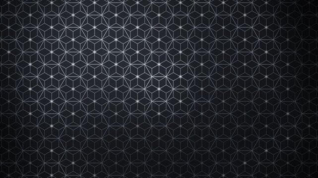 Elegant Japanese Asanoha hemp leaf pattern, gold geometric lattice of fine lines with a soft glow travelling through the six pointed star grid, traditional wagara motion in vibrant charcoal tones