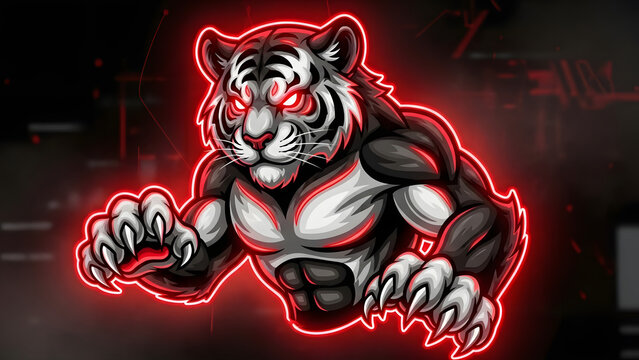 Fierce White Tiger Mascot with Glowing Red Eyes and Muscular Body, Aggressive Pose