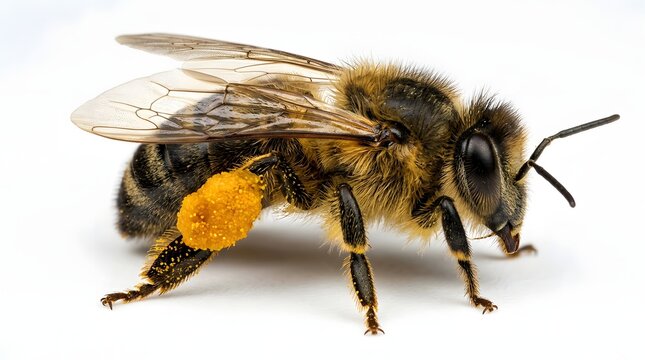 A detailed macro shot of a honey bee carrying bright yellow pollen baskets on its hind legs isolated.