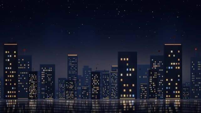 Night city skyline silhouette with twinkling window lights over gradient sky motion background seamless loop in calm blue tones