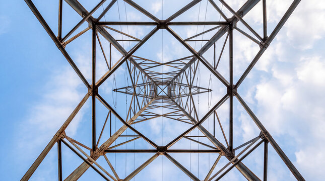 A low-angle, symmetric view looking up through the metal framework of a high-voltage electrical pylon against a bright blue sky with clouds.