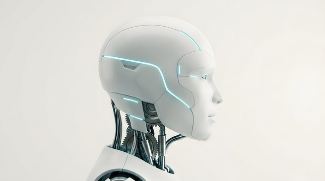 A profile view of a white futuristic robot head with exposed mechanical neck and glowing accents.