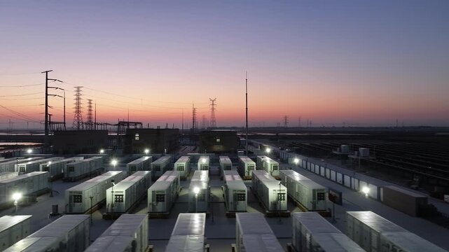 Energy storage power station with neatly arranged container units during twilight