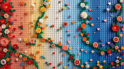 Fototapeta premium Vibrant LEGO Flower Mosaic: Colorful Brick Art Blossoms on Gradient Background