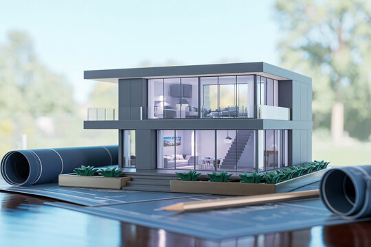 Modern architectural house model placed on building blueprints with a pencil
