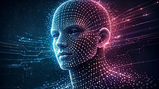 Digital human head formed from glowing data points. Blue and pink light trails radiate from the head. Circuit patterns weave through the background space. Futuristic, abstract