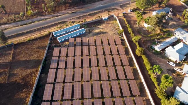 Aerial view of solar panel array at Tana Athi Water Service Loitokitok Office in Loolopon, Kajiado County, Kenya.