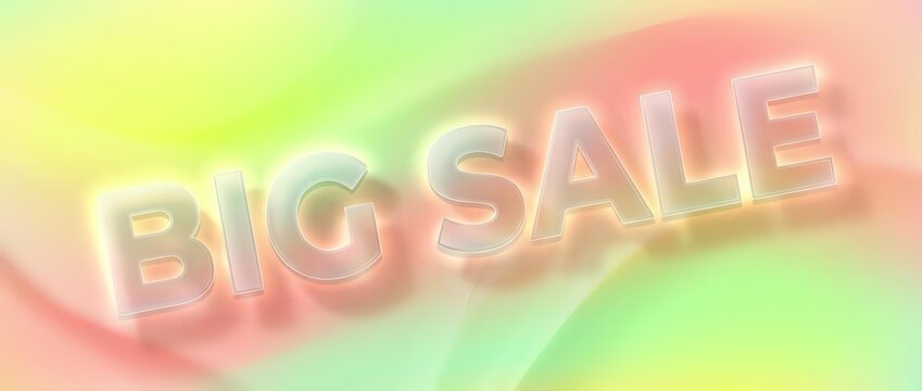 Big sale text in glowing neon style on soft pastel gradient background with yellow, green, and pink tones. Suitable for promotional banners and marketing materials.